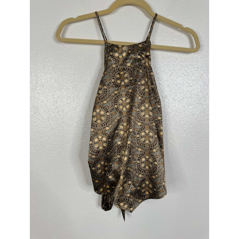Intimately Free People Floral Halter Top Brown Gold Satin Tie Back Small S P